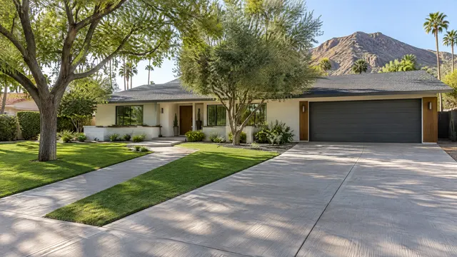 Broom-finished concrete driveway and front walkway at a renovated ranch home in the Camelback East area of Phoenix, mature trees, green lawn and Camelback Mountain in the distance