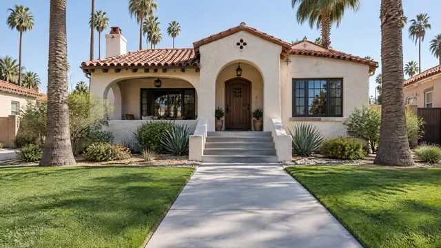 Restored concrete front walkway and steps at a 1930s Spanish revival bungalow in a historic central Phoenix neighborhood with tall palms and green grass