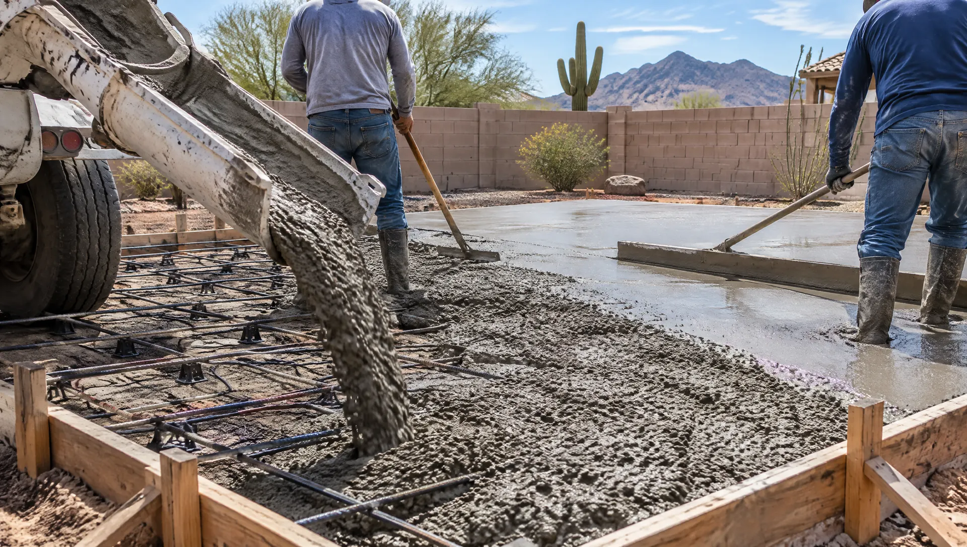 Residential concrete pour in progress in a Phoenix backyard: wooden forms, rebar on chairs, a concrete truck chute in the foreground and a screed board leveling wet concrete, stucco block wall and desert sky behind