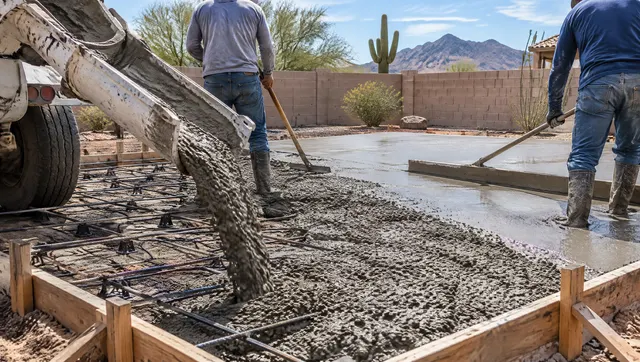 Residential concrete pour in progress in a Phoenix backyard: wooden forms, rebar on chairs, a concrete truck chute in the foreground and a screed board leveling wet concrete, stucco block wall and desert sky behind