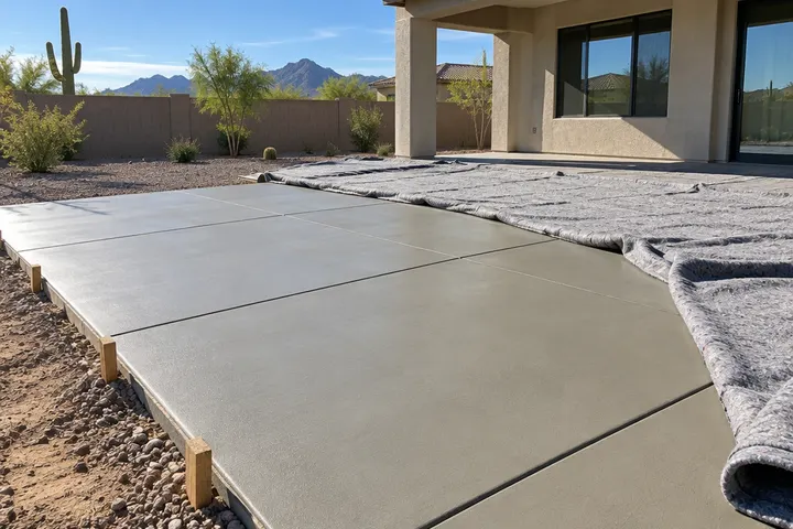New concrete slab with saw-cut control joints, partly covered by curing blankets on a sunny morning