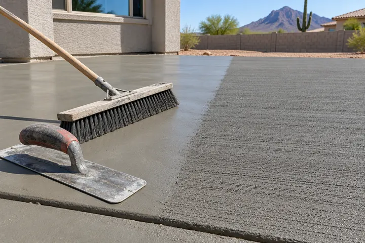 Steel trowel and broom resting on a new concrete slab, half of the surface showing a fresh even broom texture