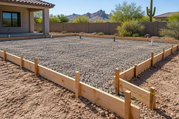 Wooden form boards staked along string lines for a new concrete slab in desert soil, ready for gravel and rebar
