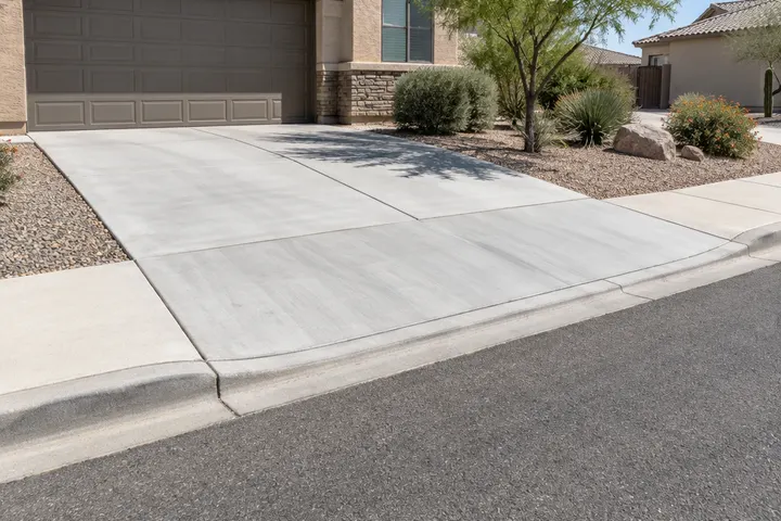 Concrete driveway approach where a residential driveway meets the street curb and sidewalk, clean sloped apron, Phoenix neighborhood