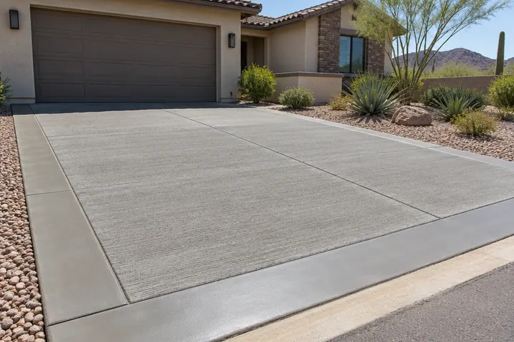 Concrete driveway with a broom finish center and a smooth troweled border band along the edges