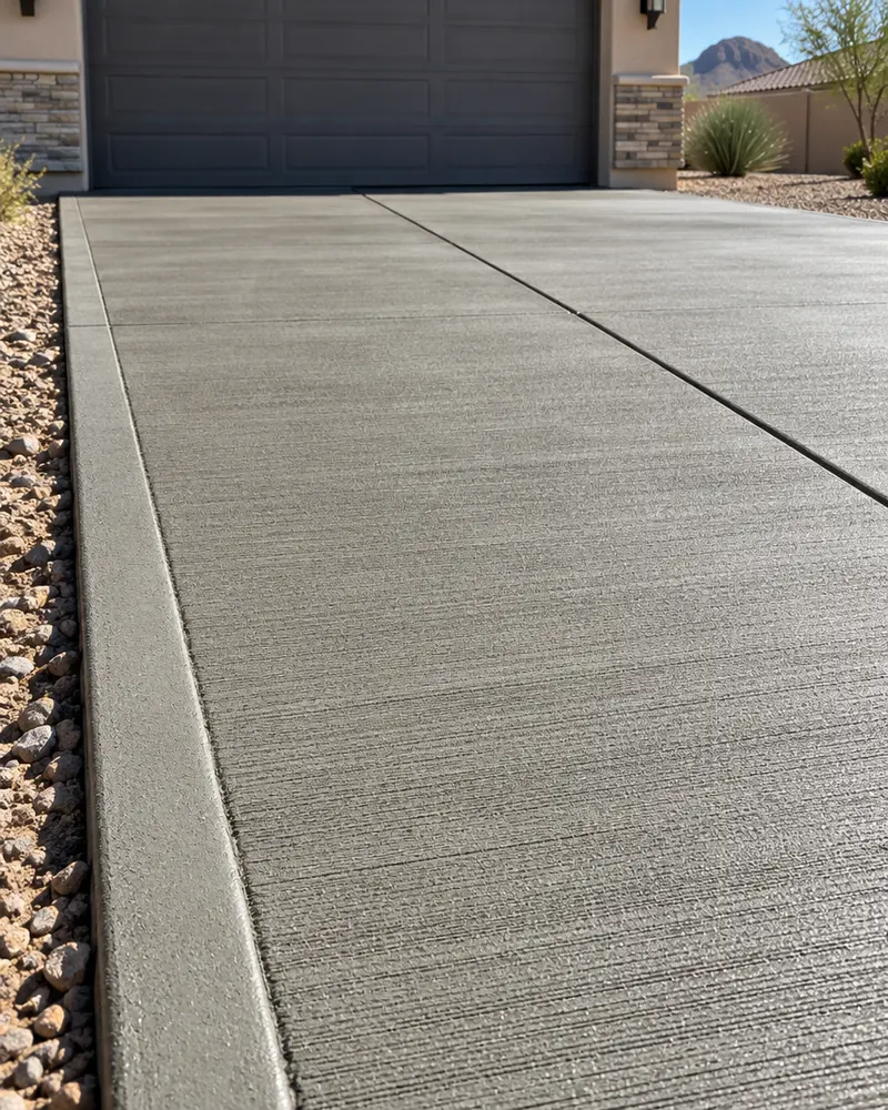 Close-up of a fresh broom-finished concrete driveway surface with a tooled edge and a control joint running toward a garage door