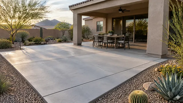Large new concrete patio slab extending out from a covered patio behind a Phoenix stucco home, light gray broom finish with saw-cut joints, outdoor dining table, gravel beds and desert plants, late afternoon light