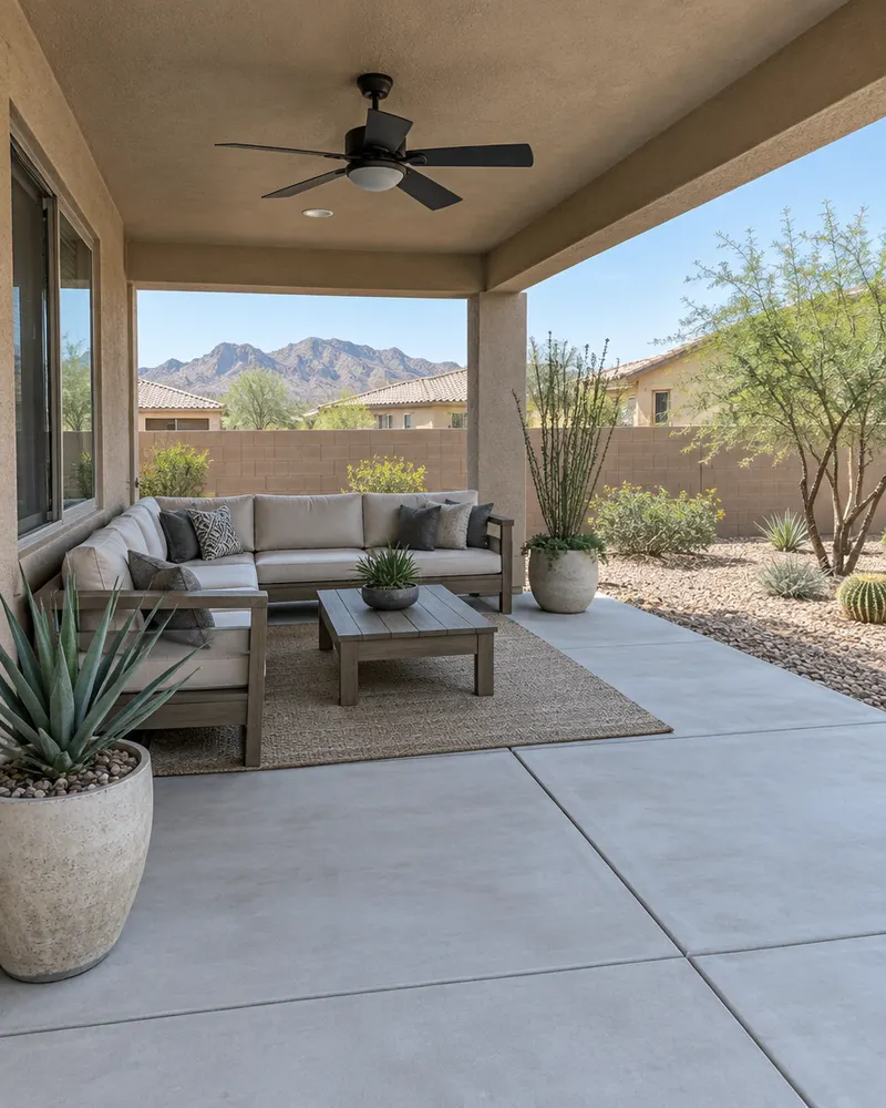 Covered concrete patio behind a Phoenix home with outdoor sectional seating, ceiling fan and potted desert plants, light gray slab