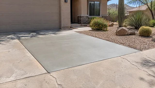 Section of an old cracked concrete driveway removed and replaced with a fresh slab panel, clean saw-cut edges where new concrete meets old, in front of a Phoenix home with desert landscaping