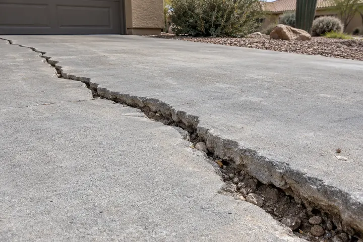 Wide crack running across an old gray concrete driveway with a sunken edge, close up