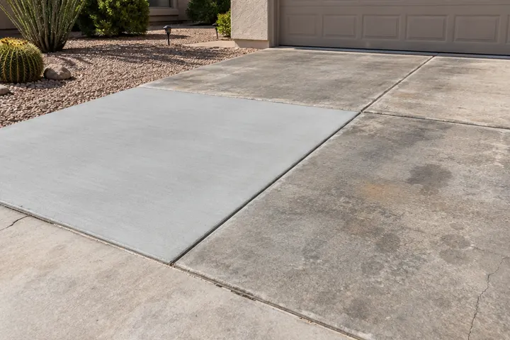 One new light gray concrete panel replaced in an older driveway, fresh concrete next to weathered panels