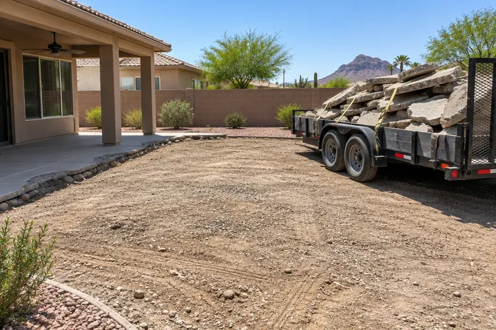 Broken concrete patio pieces removed and stacked on a trailer for haul-off, bare compacted ground left behind