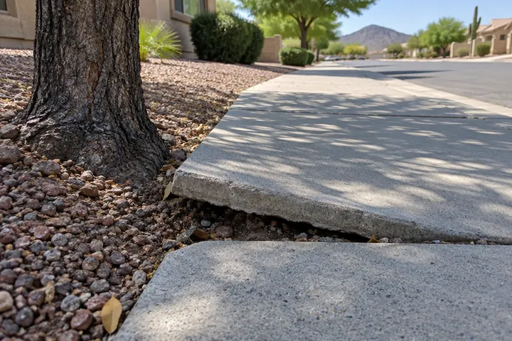 Lifted concrete sidewalk panel creating an uneven trip edge next to a tree, residential street