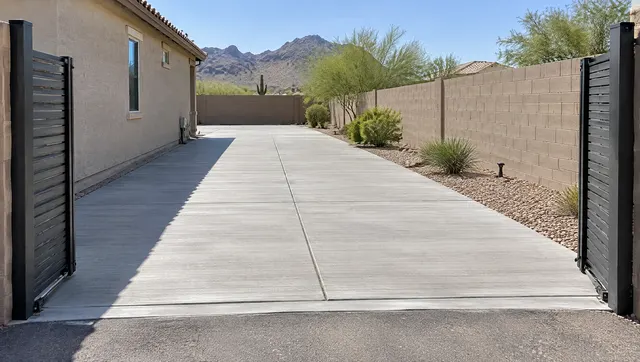 Long new concrete RV parking pad along the side of a Phoenix home behind an open rolling gate, thick slab with broom finish and control joints, desert gravel and a block wall