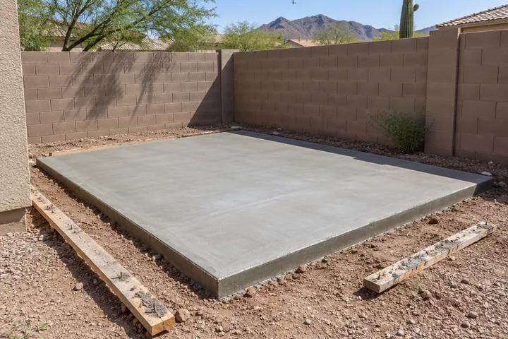 Square concrete slab poured in a backyard corner as a foundation pad for a storage shed, forms just removed