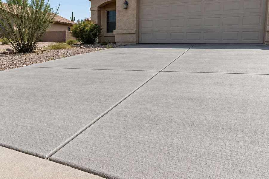The same Phoenix home after replacement: a new clean light gray broom-finished concrete driveway with straight control joints