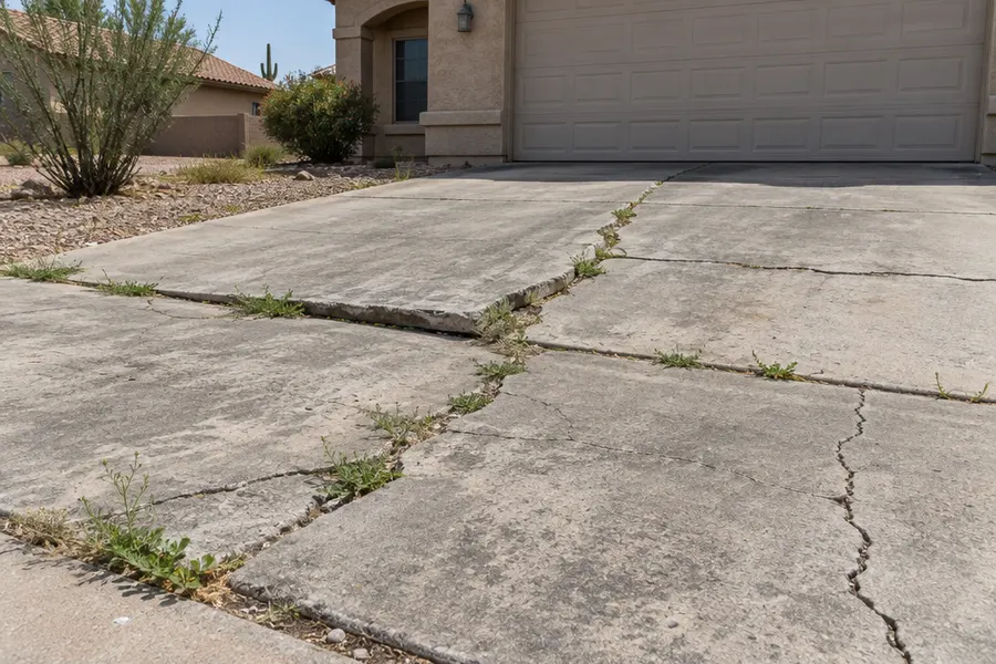 Old badly cracked and sunken gray concrete driveway with weeds in the cracks and an uneven heaved panel in front of a Phoenix stucco home