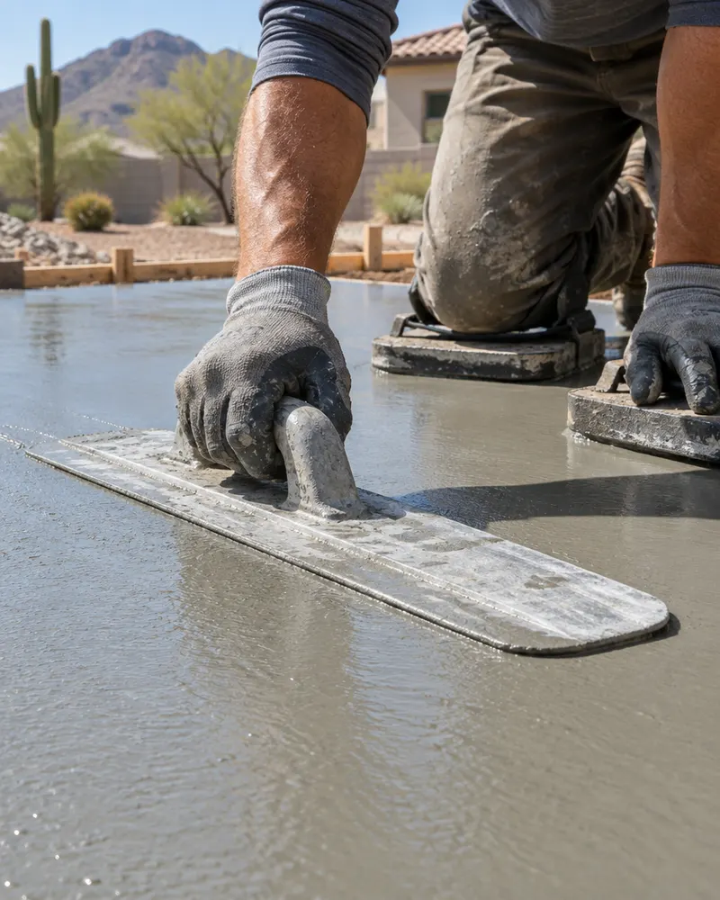 Close-up of a concrete finisher's gloved hands working a magnesium float across wet concrete, kneeboards on the slab, cropped so no face is visible