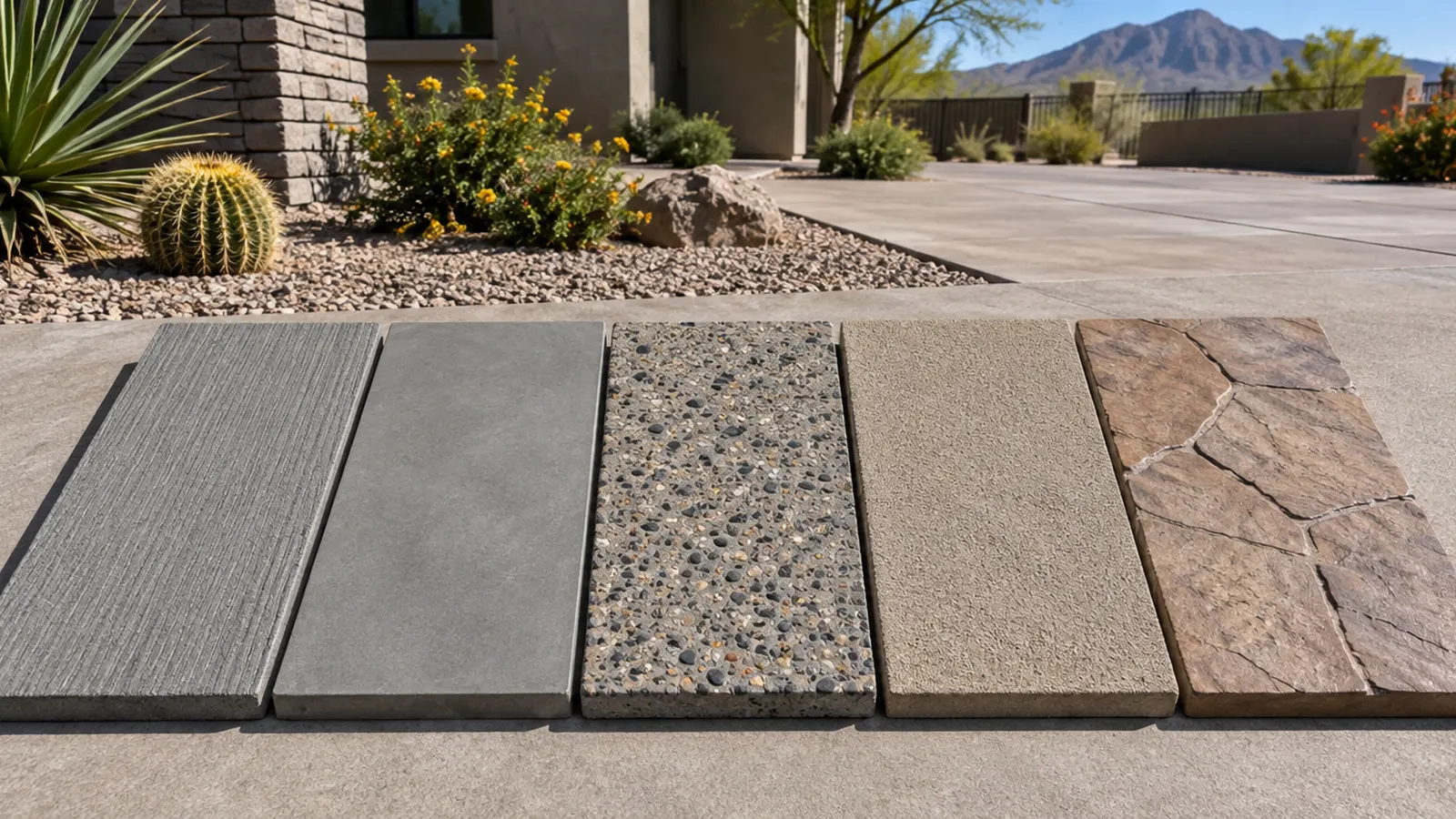 Concrete finish samples laid out side by side outdoors: broom finish, smooth trowel, exposed aggregate, salt finish and stamped slate in gray and warm tan colors