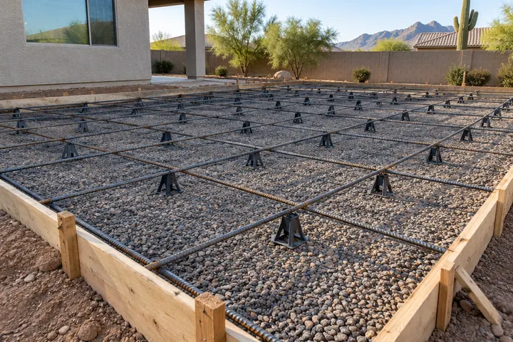 Prepared base for a concrete slab: compacted gravel subgrade inside wooden forms with a grid of rebar raised on plastic chairs, ready for the pour