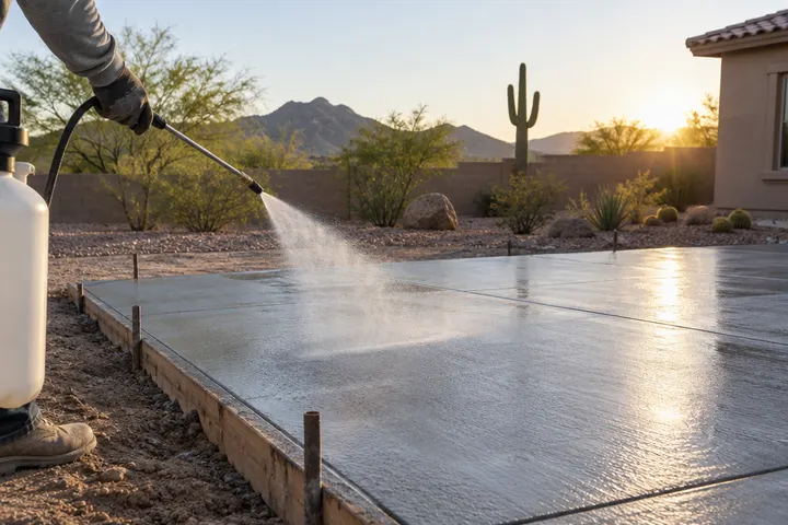 Fresh concrete slab being misted with a sprayer applying curing compound in early morning light, desert yard behind