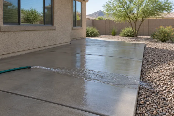 Concrete patio sloped away from a stucco house with water from a hose running across it toward a gravel area, no puddles