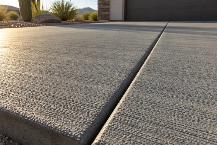 Close-up of a straight saw-cut control joint in a new broom-finished concrete slab, clean edges, low sun angle