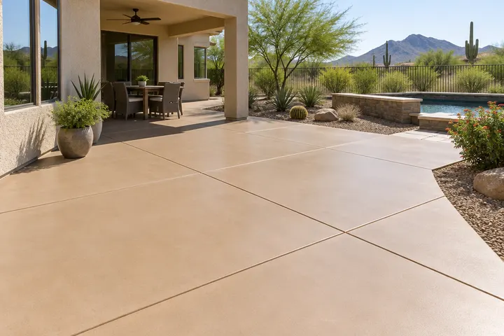 Integrally colored concrete patio in a warm desert sand color with a smooth finish and clean saw-cut grid