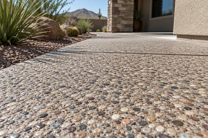 Close-up of an exposed aggregate concrete walkway showing rounded river pebbles in the surface