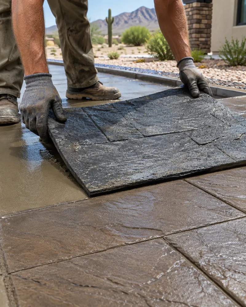 Stamping mats being pressed into colored wet concrete to create a slate texture, close up, cropped so no face shows